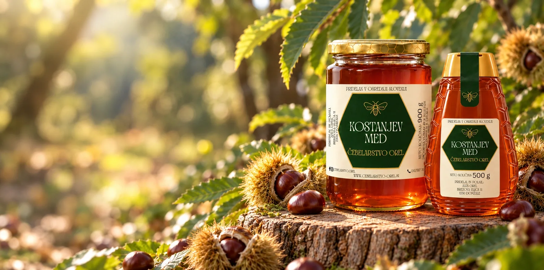 Kostanjev med v kozarcu 900 g in praktični embalaži 500 g med kostanji