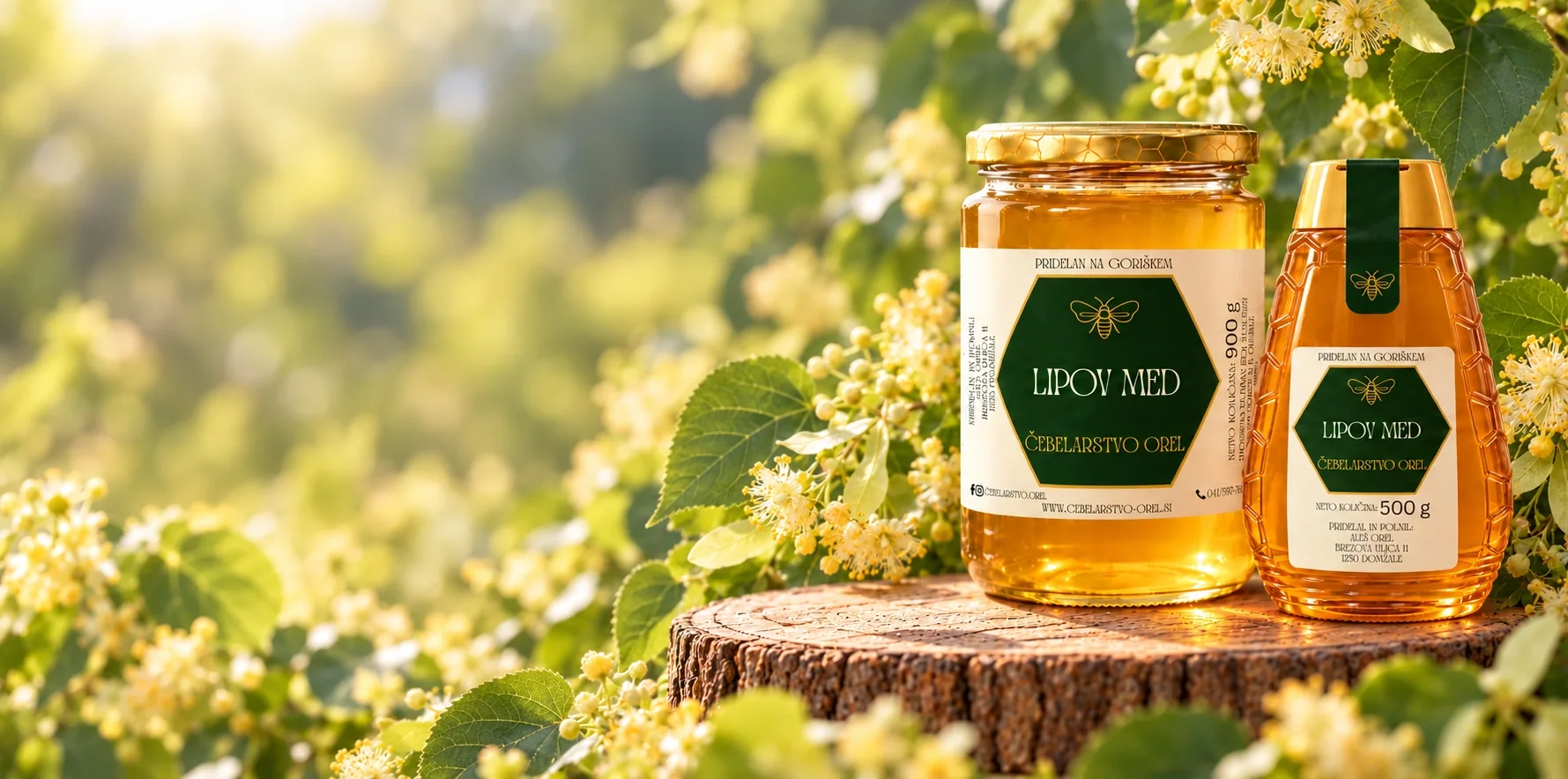 Lipov med v kozarcu 900 g in praktični embalaži 500 g med cvetočo lipo