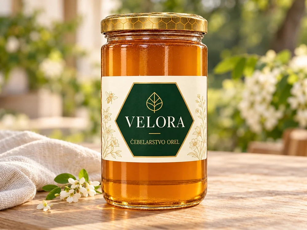 Kozarec medu z nalepko z vzorčnim logotipom podjetja