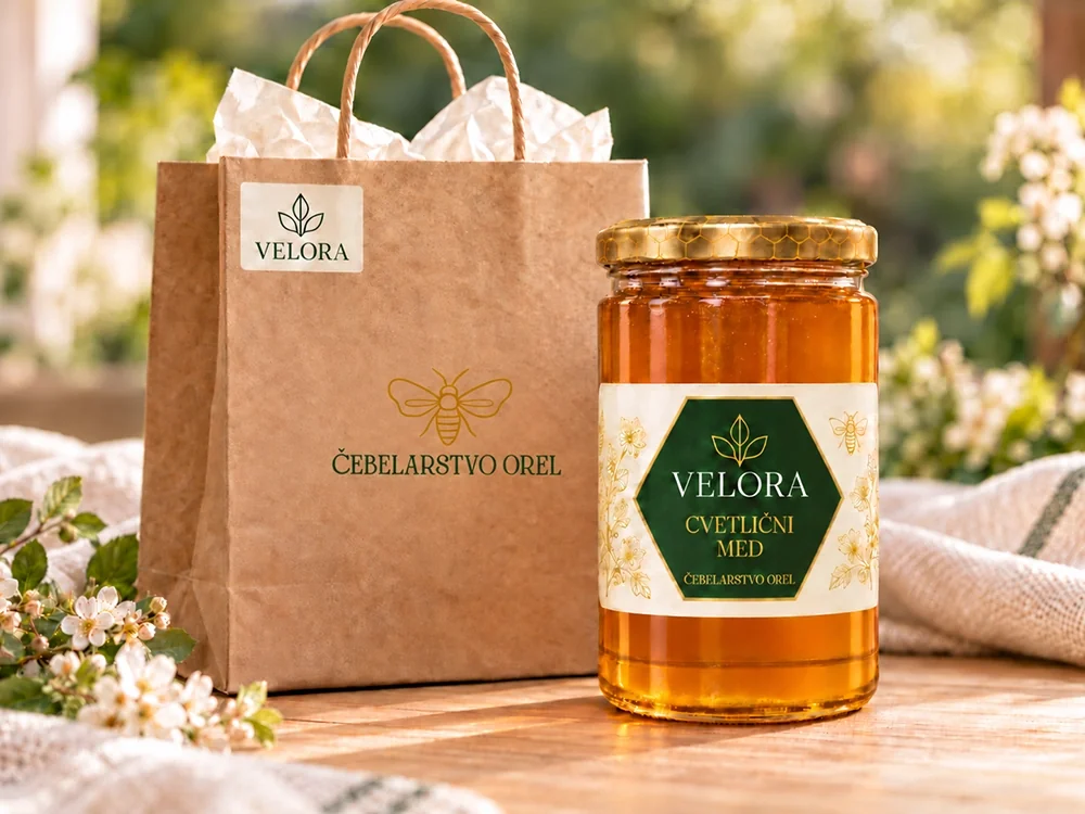 Darilna vrečka z nalepko z vzorčnim logotipom podjetja in kozarec medu