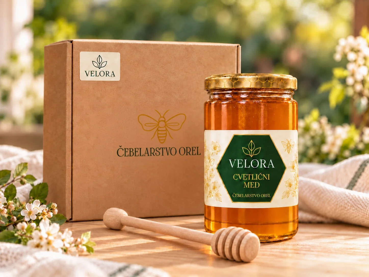Darilna škatla z nalepko z vzorčnim logotipom, kozarec medu in lesena palčka za med