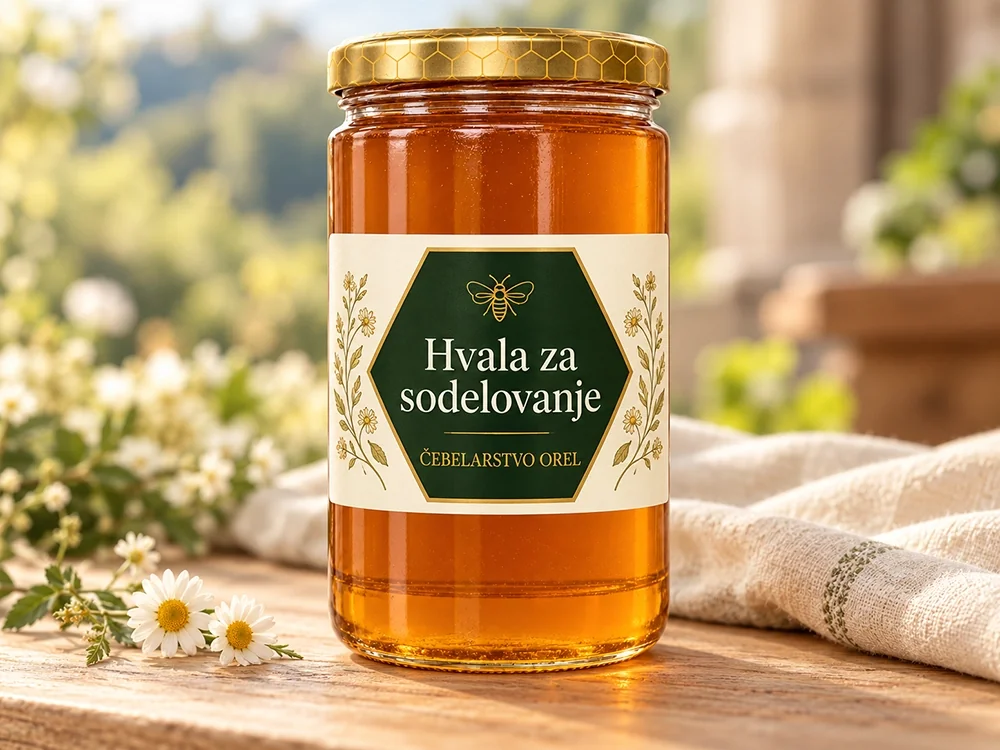 Kozarec medu z etiketo s sporočilom »Hvala za sodelovanje«